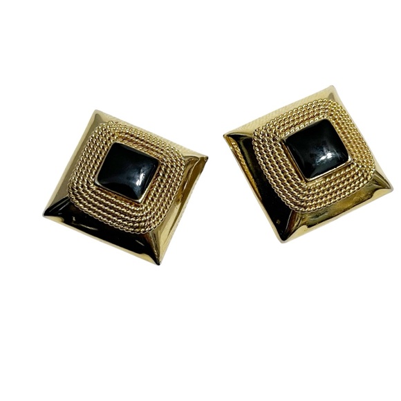 Vintage Jewelry - Vintage Square Gold and Black Made In Italy Clip On Earrings